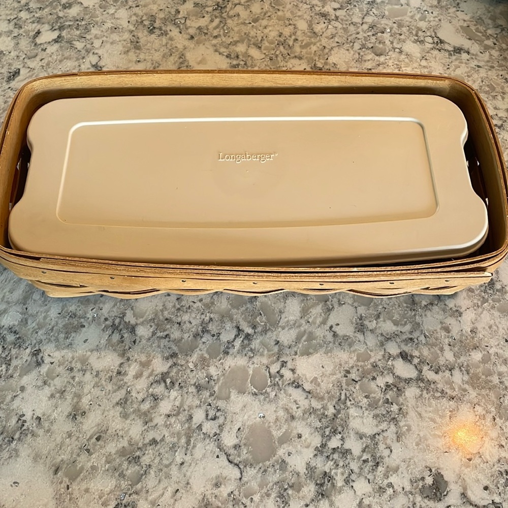 Longaberger Basket and plastic storage container with lid  14 1/2x7 1/2x4